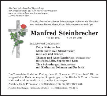 Traueranzeige von Manfred Steinbrecher von Hildesheimer Allgemeine Zeitung