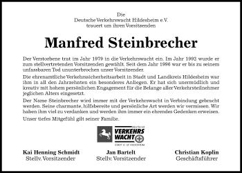 Traueranzeige von Manfred Steinbrecher von Hildesheimer Allgemeine Zeitung