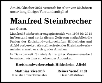 Traueranzeige von Manfred Steinbrecher von Hildesheimer Allgemeine Zeitung