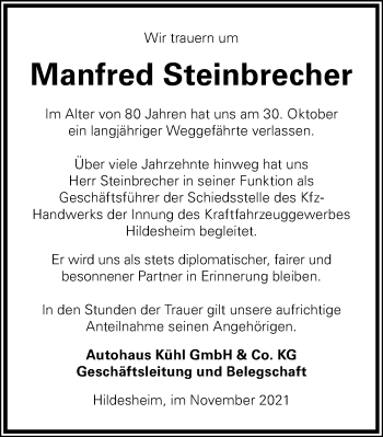 Traueranzeige von Manfred Steinbrecher von Hildesheimer Allgemeine Zeitung