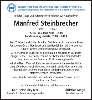 Traueranzeige von Manfred Steinbrecher von Hildesheimer Allgemeine Zeitung