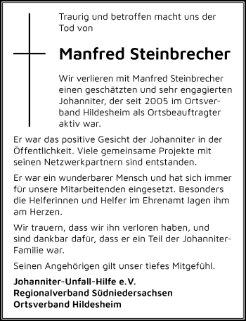 Traueranzeige von Manfred Steinbrecher von Hildesheimer Allgemeine Zeitung