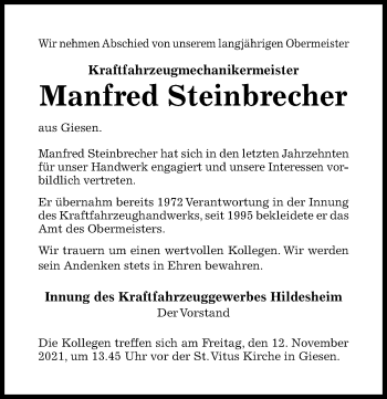 Traueranzeige von Manfred Steinbrecher von Hildesheimer Allgemeine Zeitung