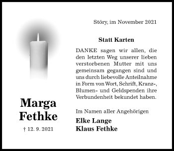 Traueranzeige von Marga Fethke von Hildesheimer Allgemeine Zeitung