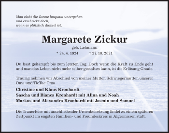 Traueranzeige von Margarete Zickur von Hildesheimer Allgemeine Zeitung