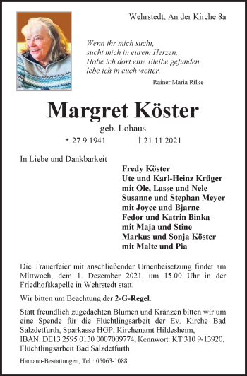 Traueranzeige von Margret Köster von Hildesheimer Allgemeine Zeitung