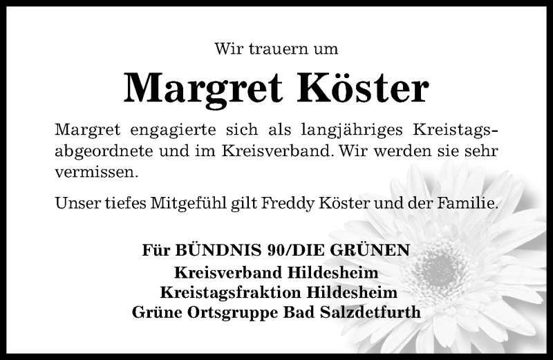  Traueranzeige für Margret Köster vom 24.11.2021 aus Hildesheimer Allgemeine Zeitung