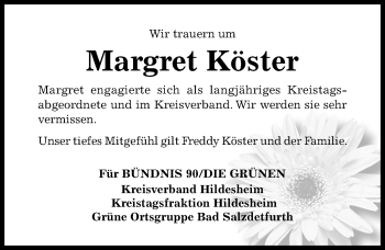 Traueranzeige von Margret Köster von Hildesheimer Allgemeine Zeitung