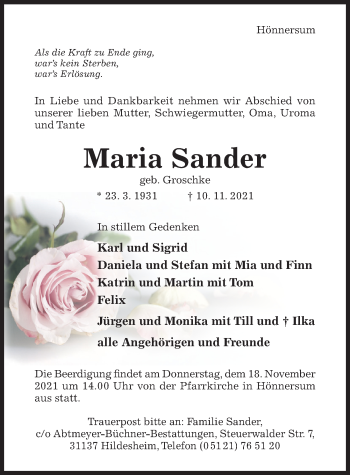 Traueranzeige von Maria Sander von Hildesheimer Allgemeine Zeitung