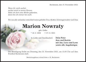 Traueranzeige von Marion Nowraty von Hildesheimer Allgemeine Zeitung