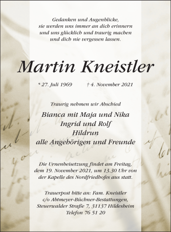 Traueranzeige von Martin Kneistler von Hildesheimer Allgemeine Zeitung