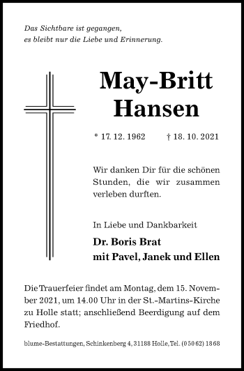 Traueranzeige von May-Britt Hansen von Hildesheimer Allgemeine Zeitung