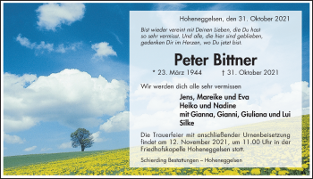 Traueranzeige von Peter Bittner von Hildesheimer Allgemeine Zeitung