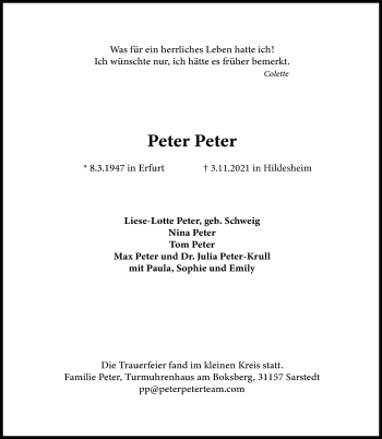 Traueranzeige von Peter Peter von Hildesheimer Allgemeine Zeitung