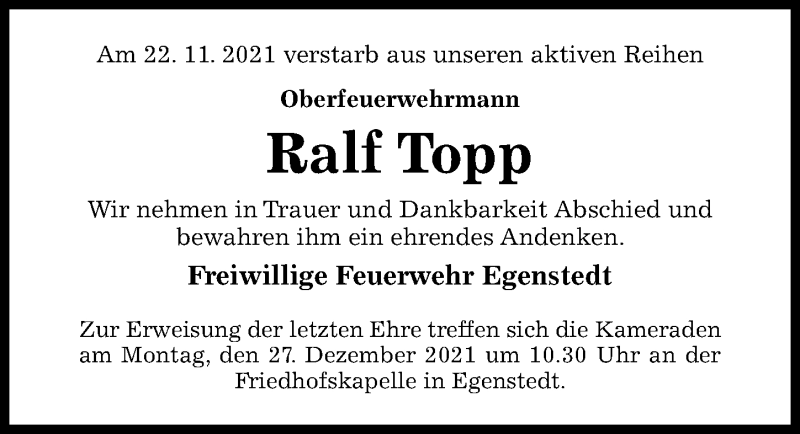  Traueranzeige für Ralf Topp vom 30.11.2021 aus Hildesheimer Allgemeine Zeitung