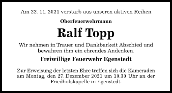 Traueranzeige von Ralf Topp von Hildesheimer Allgemeine Zeitung