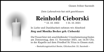 Traueranzeige von Reinhold Cieborski von Hildesheimer Allgemeine Zeitung