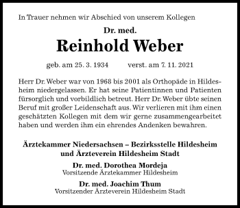 Traueranzeige von Reinhold Weber von Hildesheimer Allgemeine Zeitung