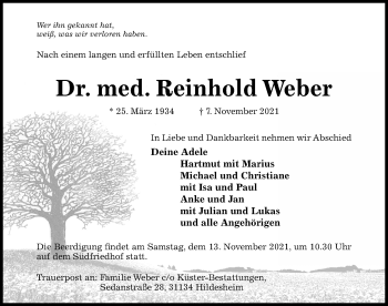 Traueranzeige von Reinhold Weber von Hildesheimer Allgemeine Zeitung