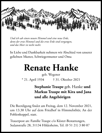 Traueranzeige von Renate Hanke von Hildesheimer Allgemeine Zeitung
