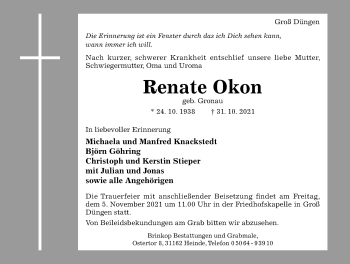 Traueranzeige von Renate Okon von Hildesheimer Allgemeine Zeitung