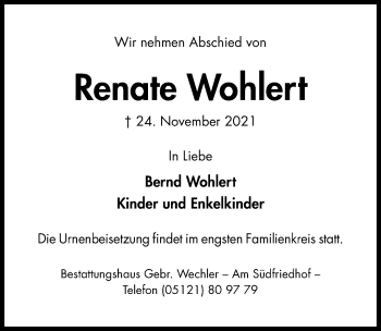 Traueranzeige von Renate Wohlert von Hildesheimer Allgemeine Zeitung