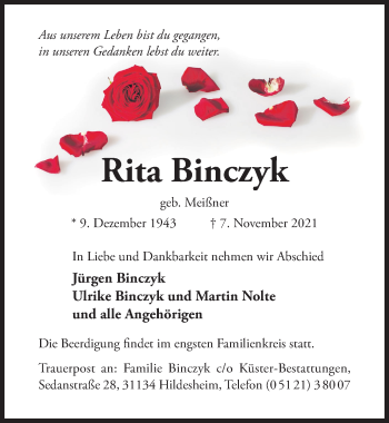 Traueranzeige von Rita Binczyk von Hildesheimer Allgemeine Zeitung