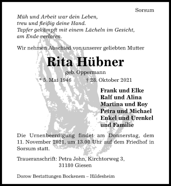 Traueranzeige von Rita Hübner von Hildesheimer Allgemeine Zeitung