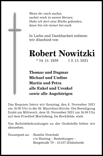 Traueranzeige von Robert Nowitzki von Hildesheimer Allgemeine Zeitung