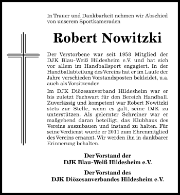 Traueranzeige von Robert Nowitzki von Hildesheimer Allgemeine Zeitung