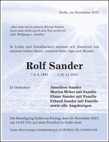Traueranzeige von Rolf Sander von Hildesheimer Allgemeine Zeitung