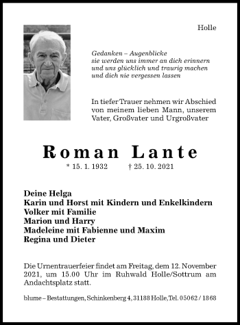 Traueranzeige von Roman Lante von Hildesheimer Allgemeine Zeitung