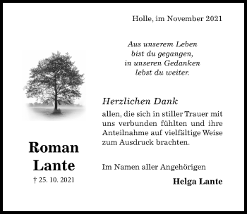 Traueranzeige von Roman Lante von Hildesheimer Allgemeine Zeitung