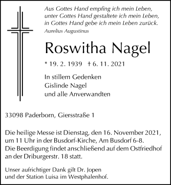 Traueranzeige von Roswitha Nagel von Hildesheimer Allgemeine Zeitung