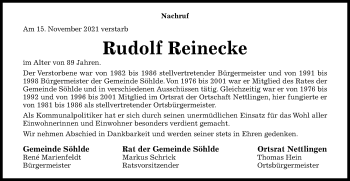 Traueranzeige von Rudolf Reinecke von Hildesheimer Allgemeine Zeitung