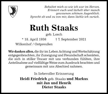 Traueranzeige von Ruth Staaks von Hildesheimer Allgemeine Zeitung