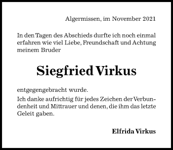 Traueranzeige von Siegfried Virkus von Hildesheimer Allgemeine Zeitung