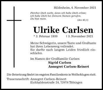 Traueranzeige von Ulrike Carlsen von Hildesheimer Allgemeine Zeitung