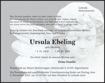 Traueranzeige von Ursula Ebeling von Hildesheimer Allgemeine Zeitung