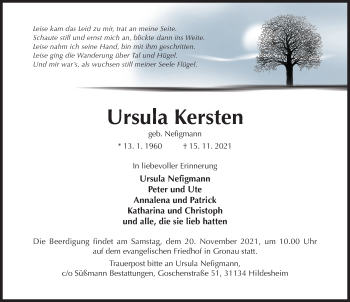 Traueranzeige von Ursula Kersten von Hildesheimer Allgemeine Zeitung