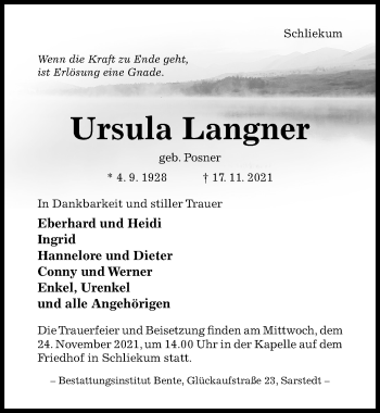 Traueranzeige von Ursula Langner von Hildesheimer Allgemeine Zeitung