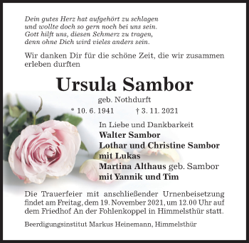 Traueranzeige von Ursula Sambor von Hildesheimer Allgemeine Zeitung