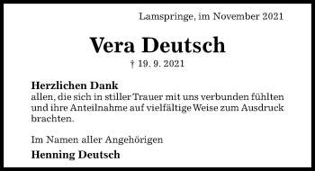 Traueranzeige von Vera Deutsch von Hildesheimer Allgemeine Zeitung