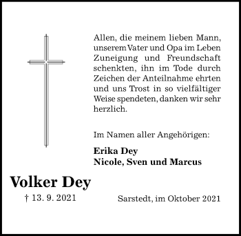 Traueranzeige von Volker Dey von Hildesheimer Allgemeine Zeitung