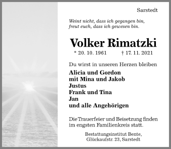 Traueranzeige von Volker Rimatzki von Hildesheimer Allgemeine Zeitung