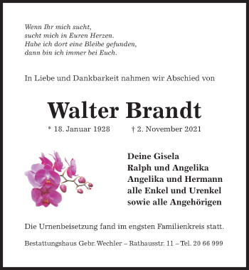 Traueranzeige von Walter Brandt von Hildesheimer Allgemeine Zeitung