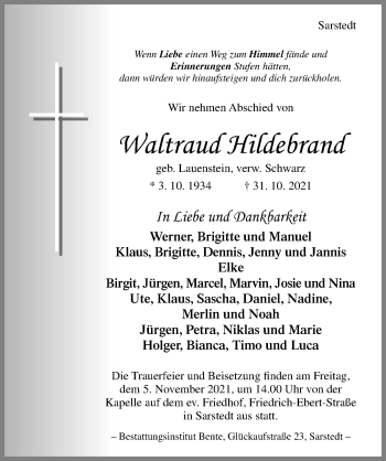 Traueranzeige von Waltraud Hildebrand von Hildesheimer Allgemeine Zeitung