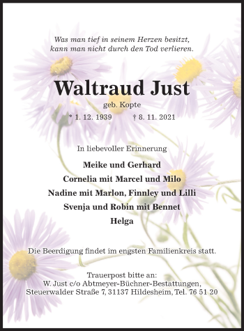 Traueranzeige von Waltraud Just von Hildesheimer Allgemeine Zeitung