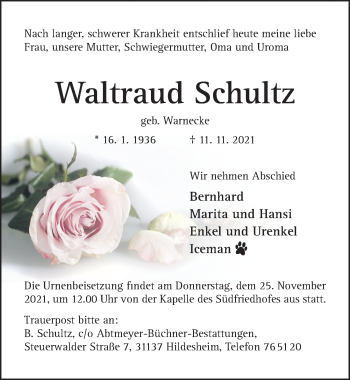 Traueranzeige von Waltraud Schultz von Hildesheimer Allgemeine Zeitung