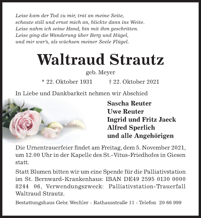  Traueranzeige für Waltraud Strautz vom 03.11.2021 aus Hildesheimer Allgemeine Zeitung